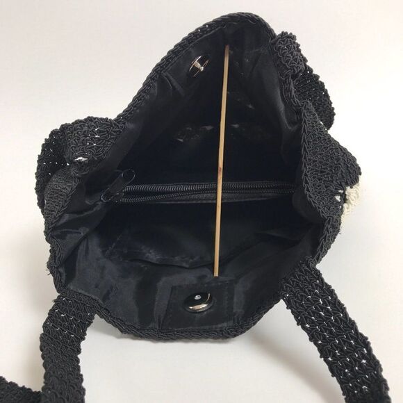 Vintage 90s Cottagecore Black Floral Woven Knit Indie Shoulder Bag Purse - Picture 4 of 6